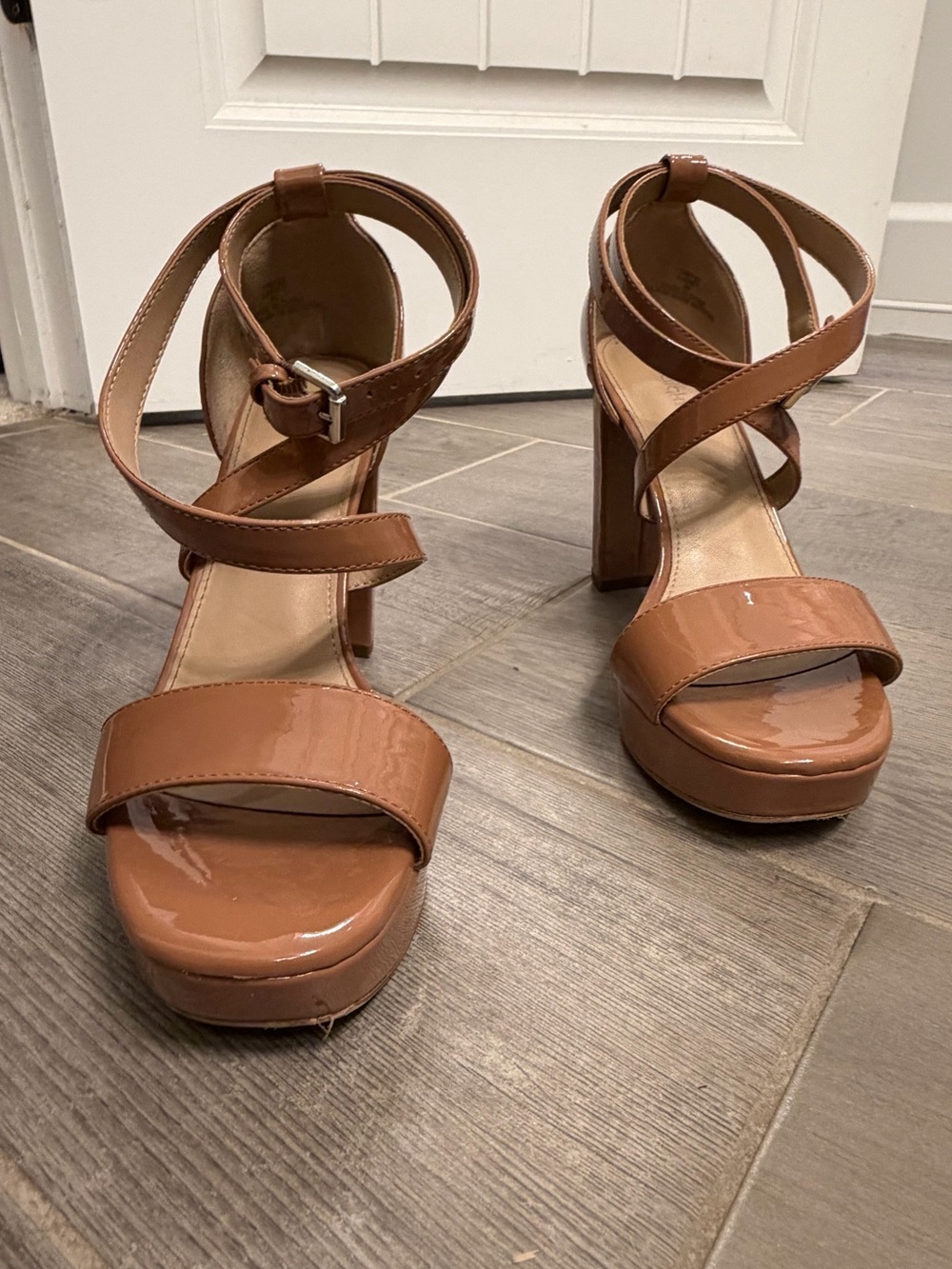 Limelight Patent Platform Strappy Heels in Tan Brown